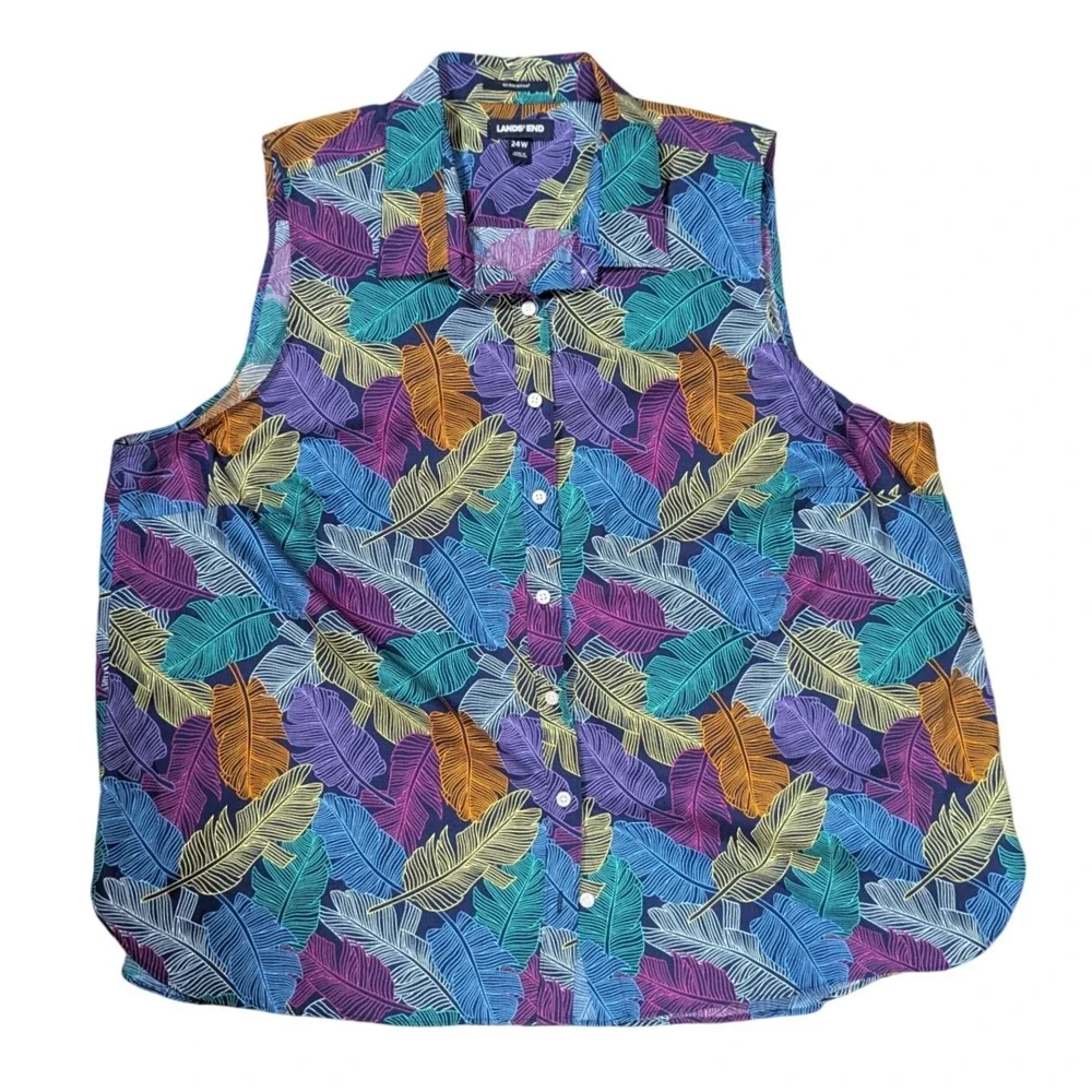 Lands End Shirt Womens 24W Blue Tropical Feather No Iron Supima Sleeveless‎ Top